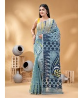 Resham Dhakai Jamdani Pure Cotton Handloom Saree Lojjaboti Design without Blouse Piece (Firoza Blue)
