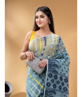 Resham Dhakai Jamdani Pure Cotton Handloom Saree Lojjaboti Design without Blouse Piece (Firoza Blue)