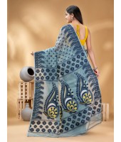 Resham Dhakai Jamdani Pure Cotton Handloom Saree Lojjaboti Design without Blouse Piece (Firoza Blue)