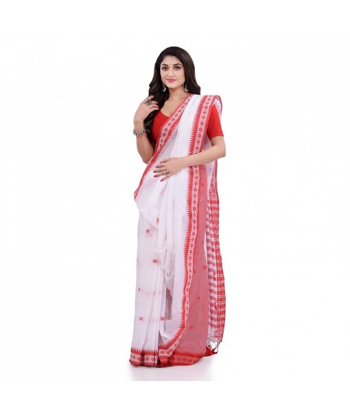 dB DESH BIDESH Women`s Traditional Bengali Tant Handloom Cotton Saree Galaxi Design With Blouse Piece