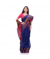Tant Cotton Silk Handloom Cotton Saree Pushpomala With Blouse Piece (Blue Pink)