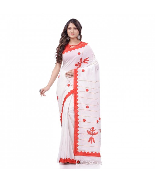 dB DESH BIDESH Women`s Bengali Khesh Pure Cotton Handloom Saree Trinayani Durga Designed With Blouse Piece (White Red)