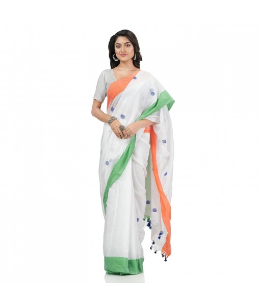 dB DESH BIDESH Women's Tri Color Pure Handloom Cotton Saree With Blouse Piece (Independance Day Saree Orange White Green)