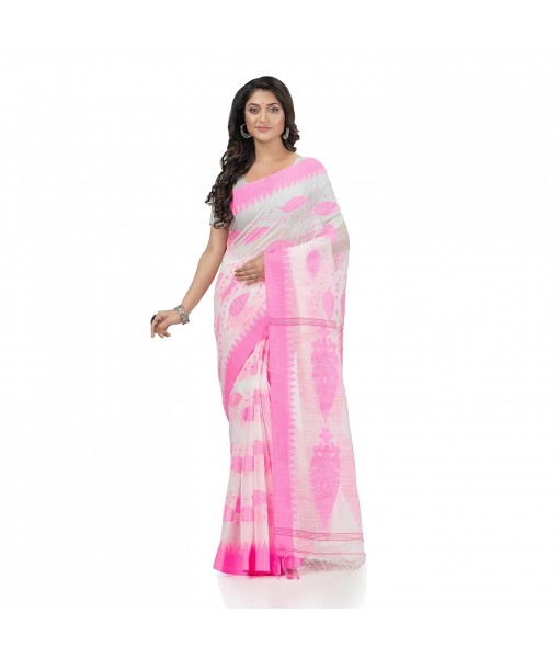 dB DESH BIDESH Women`s Traditional Bengali Tant Pure Cotton Handloom Saree Potro Leaf Design With Blouse Piece