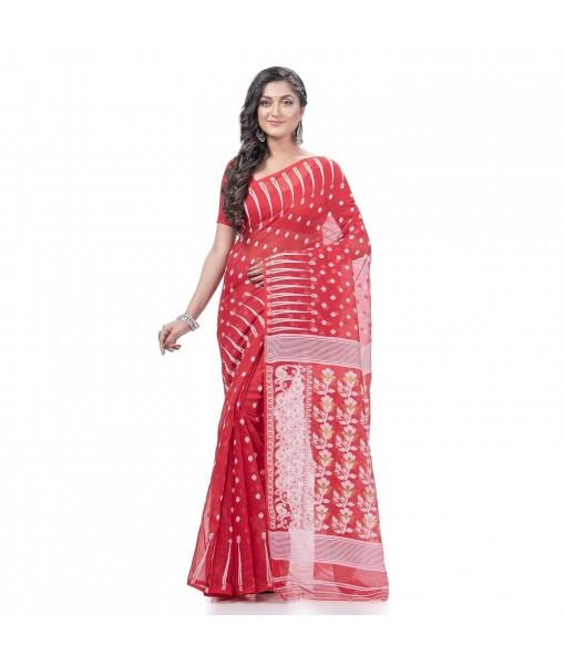 Queen of Diamond Resham Dhakai Jamdani Bengal Pure Cotton Handloom Saree (Red)