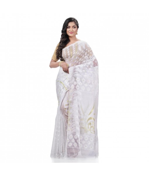 dB DESH BIDESH Women`s Resham Dhakai Jamdani Pure Cotton Handloom Saree Lojjaboti Design without Blouse Piece