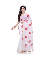  Handloom Cotton Blend Saree Hibicus Joba Flower Embroidery Design With Blouse Piece (White)