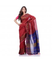 Tant Cotton Silk Handloom Cotton Saree Pushpomala With Blouse Piece  (Red Blue)