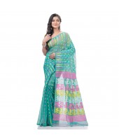 Queen of Diamond Resham Dhakai Jamdani Bengal Pure Cotton Handloom Saree (Firoza)