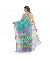 Queen of Diamond Resham Dhakai Jamdani Bengal Pure Cotton Handloom Saree (Firoza)