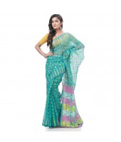 Queen of Diamond Resham Dhakai Jamdani Bengal Pure Cotton Handloom Saree (Firoza)