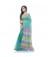 Queen of Diamond Resham Dhakai Jamdani Bengal Pure Cotton Handloom Saree (Firoza)