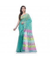 Queen of Diamond Resham Dhakai Jamdani Bengal Pure Cotton Handloom Saree (Firoza)