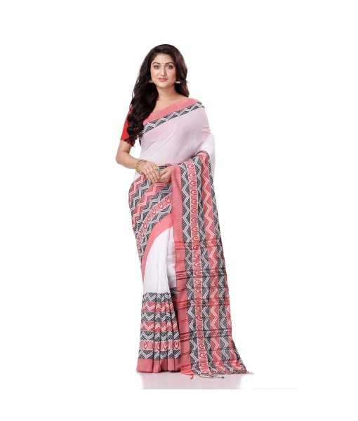 Traditional Bengali Chakra Begampuri Pure Handloom Cotton Saree With Blouse Pcs (White-Red) - Durga Puja Collection
