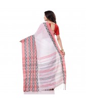 Traditional Bengali Chakra Begampuri Pure Handloom Cotton Saree With Blouse Pcs (White-Red) - Durga Puja Collection