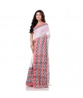 Traditional Bengali Chakra Begampuri Pure Handloom Cotton Saree With Blouse Pcs (White-Red) - Durga Puja Collection