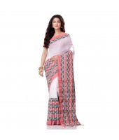 Traditional Bengali Chakra Begampuri Pure Handloom Cotton Saree With Blouse Pcs (White-Red) - Durga Puja Collection