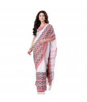 Traditional Bengali Chakra Begampuri Pure Handloom Cotton Saree With Blouse Pcs (White-Red) - Durga Puja Collection