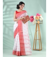 Traditional Handloom Cotton Saree Ankur Woven Design Without Blouse Piece (Red White)