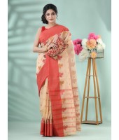 Pure Handloom Cotton Saree Leaf Buti Red Par Woven Design Without Blouse Piece (Red Off White)