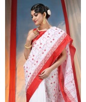Traditional Bengal Agomoni Red White Embroidery Cotton Handloom Saree Without Blouse Piece (Red White)