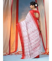 Traditional Bengal Agomoni Red White Embroidery Cotton Handloom Saree Without Blouse Piece (Red White)