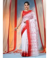 Traditional Bengal Agomoni Red White Embroidery Cotton Handloom Saree Without Blouse Piece (Red White)