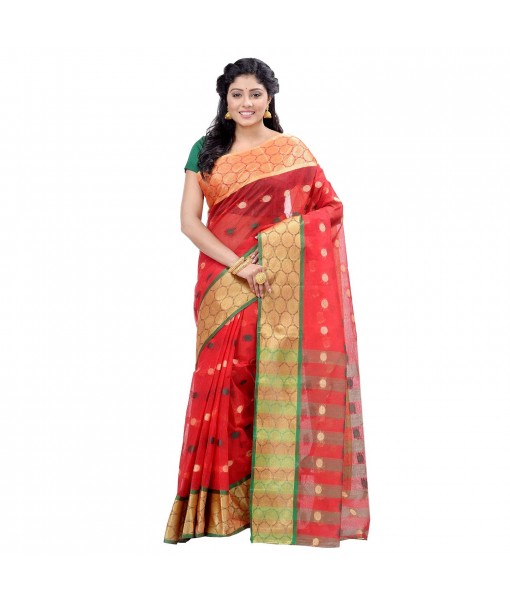 Ganga Jamuna Bengal Handloom Cotton Tant Saree without Blouse Piece (Red_green)