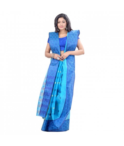 Pure Cotton Traditional Handloom Ganga Jamuna Zori Design Bengal Tant Saree Without Blouse Pcs (Blue)