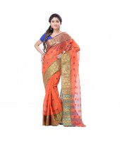 Bengal Handloom Cotton Tant Saree Ganga Jamuna Design Without Blouse Piece (DBGANGAJ6_orange_blue)