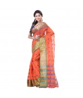 Bengal Handloom Cotton Tant Saree Ganga Jamuna Design Without Blouse Piece (DBGANGAJ6_orange_blue)