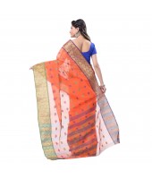 Bengal Handloom Cotton Tant Saree Ganga Jamuna Design Without Blouse Piece (DBGANGAJ6_orange_blue)