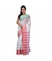 Pure Cotton Handloom Traditional Bengali Tant Saree With Ganga Jamuna Jori Work (Red White Green)