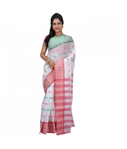 Pure Cotton Handloom Traditional Bengali Tant Saree With Ganga Jamuna Jori Work (Red White Green)
