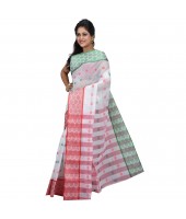 Pure Cotton Handloom Traditional Bengali Tant Saree With Ganga Jamuna Jori Work (Red White Green)