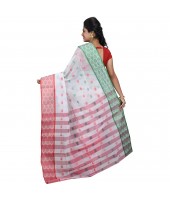 Pure Cotton Handloom Traditional Bengali Tant Saree With Ganga Jamuna Jori Work (Red White Green)