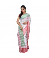 Pure Cotton Handloom Traditional Bengali Tant Saree With Ganga Jamuna Jori Work (Red White Green)