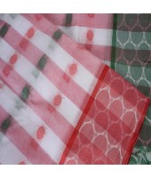 Pure Cotton Handloom Traditional Bengali Tant Saree With Ganga Jamuna Jori Work (Red White Green)