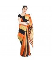 Bengal Ghicha Handloom Cotton Silk Saree With Blouse Piece (Orange Black)