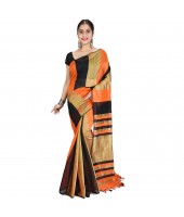 Bengal Ghicha Handloom Cotton Silk Saree With Blouse Piece (Orange Black)