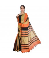 Bengal Ghicha Handloom Cotton Silk Saree With Blouse Piece (Orange Black)
