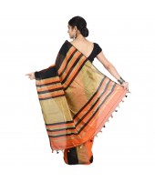 Bengal Ghicha Handloom Cotton Silk Saree With Blouse Piece (Orange Black)