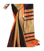 Bengal Ghicha Handloom Cotton Silk Saree With Blouse Piece (Orange Black)