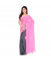 Bengal Half Half Ghicha Handloom Cotton Silk Saree With Blouse Piece (Grey Pink)
