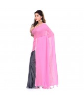 Bengal Half Half Ghicha Handloom Cotton Silk Saree With Blouse Piece (Grey Pink)
