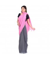 Bengal Half Half Ghicha Handloom Cotton Silk Saree With Blouse Piece (Grey Pink)