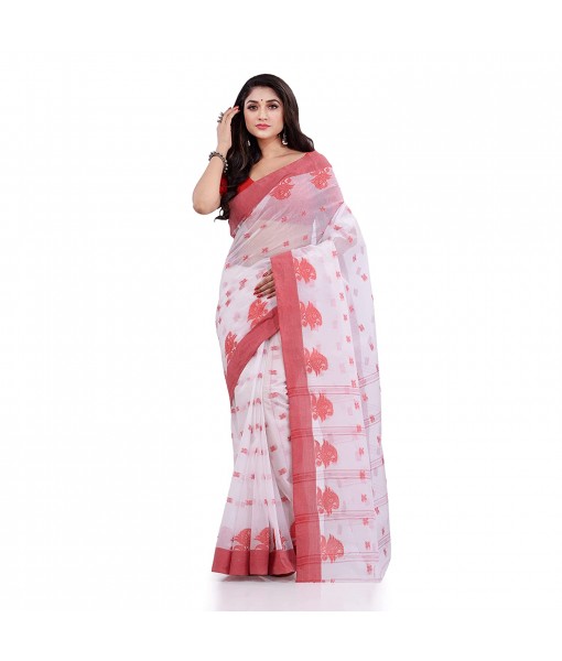 DESH BIDESH Women`s Traditional Tant Pure Handloom Cotton Saree Woven Tri Flower Designer Without Blouse Piece (Red White)