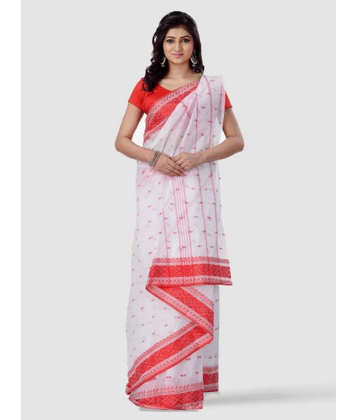 Women`s Santipur Handloom Bengal Tant Saree with Fine Smooth Bengali Cotton Saree Handmade Whole Body Design (Red and White)