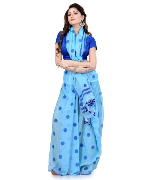 Women`s Traditional Hand Woven Malmal Bengal Handloom Pure Cotton Saree Without Blouse Piece (Sky Blue Deep Blue)