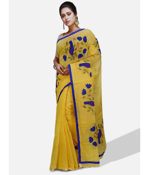 Women`s Bengal Cotton Traditional Bengali Handloom Cotton Silk Tant Saree Bird Design With Blouse Piece (Yellow)